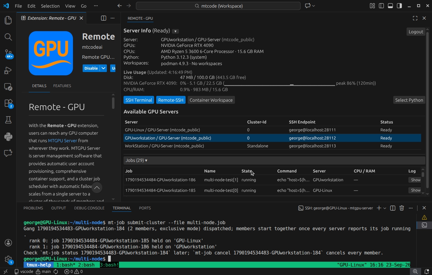 Remote-GPU panel showing available GPU servers and live usage